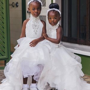 2019 witte kant bloem meisjes jurken voor bruiloft kristal kralen haltermeisjes eerste communie speciale gelegenheid jurk