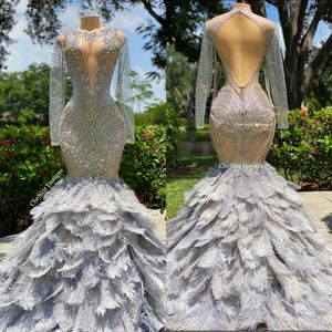 2023 Full Bodice Rhinestone prom-jurken V-cut halslijn open met lagere ritssluiting Feather Train Mermaid avondjurk BC15223 GJ0315