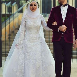 2019 White Muslim Wedding Dresses Hijab high neck Saudi Arabic flowers Long Sleeves Lace Beaded applique Dubai Arabic mermaid Bridal Gowns
