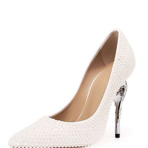 Chaussures de mariage en perles blanches argent talon mince pointu de la mode de la mode