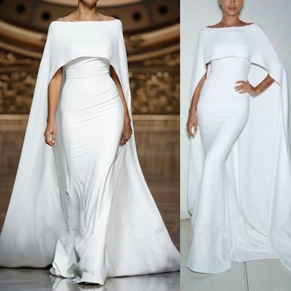 2019 Robes De Bal Blanches Avec Wrap Jewel Neck Satin Doux Sur Mesure Robe De Soirée De Sirène Porter Des Robes De Soirée Arabe Formelle