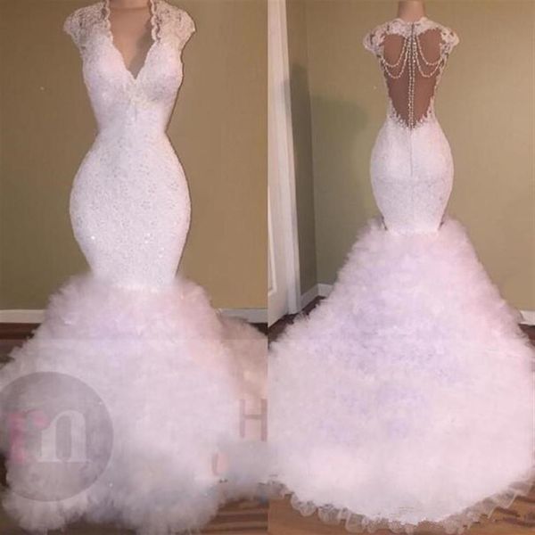 2019 Blanco Sexy Cuello en V Sirena Vestidos de novia Apliques de encaje Con cuentas Cristal Sin espalda Barrido Tren Tul Puffy Escalonado por encargo b276D