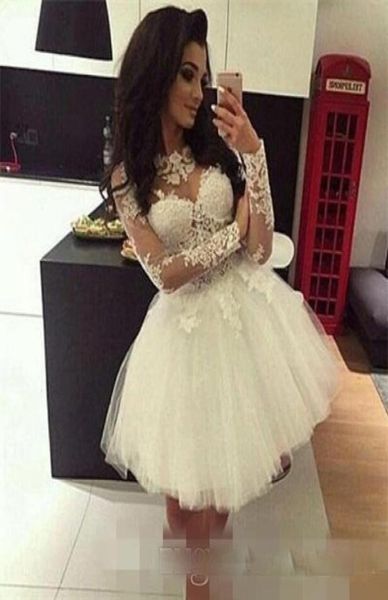 2019 White Short Short Homecoming Vestidos con aplique de manga larga encaje 8º Grado Vestido Junior Vestido de Little White SHI6473692