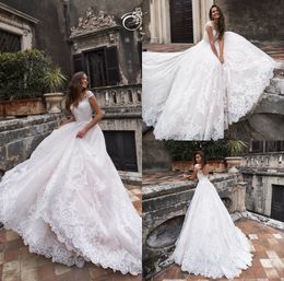 2019 robes de mariée blanches une ligne pure bijou cou appliqué mancherons dentelle robe de mariée balayage train plus la taille robes de mariée dos nu