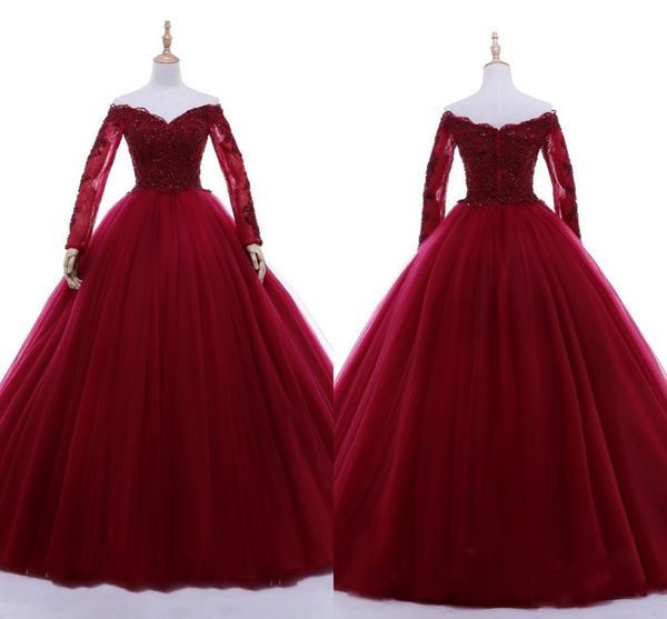 2019 Wine Red Ball Gowns Vestido de fiesta para Sweet 16 Off The Shoulder Illusion Manga larga Encaje Lentejuelas con cuentas Vestido de graduación Vestidos formales