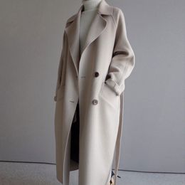 Manteau d'hiver femmes large revers ceinture poche laine mélange manteau surdimensionné Long Trench Outwear laine femmes