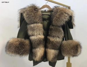 2019 Veste d'hiver Femmes Real Fur Mooter Big Natural Racecoon Collier de fourrure Long Parka White Duck Down Streetwear Korea Fashion4661564