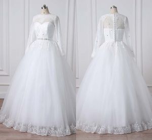 2019 winter lange mouw a-lijn trouwjurken kanten juweel rijk taille applique kristal prinses bruidsjurken bruidsjurk echt beeld