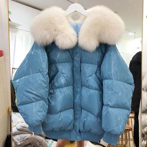 2019 hiver nouvelle mode coréenne femmes réel grand amour forme de coeur col de fourrure de renard lâche manches chauve-souris tissu brillant manteau en duvet de canard parkas