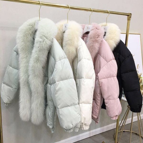 2019 hiver nouveau col de fourrure de renard véritable détachable pour femmes duvet de canard blanc taille mince parkas manteau casacos SML