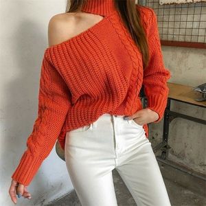 2019 Winter Women Sweaters Solid Casual One Shoulder Pullover Basic Jumper Autumn Turtleneck gebreide gebreide trui Vrouw T200101