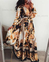 2019 Femmes Boho Wrap Summer Lond Dress Vacances Maxi Robe D'été Lâche Imprimé Floral Col En V À Manches Longues Elegante Robes Cocktail Party T230808