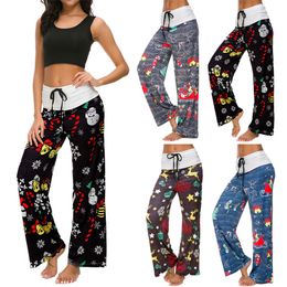 2019 vrouwen Kerst brede beenbroek Herten Snowman Xmas Prints Hight Taille Losse Drawstring Broek voor Party