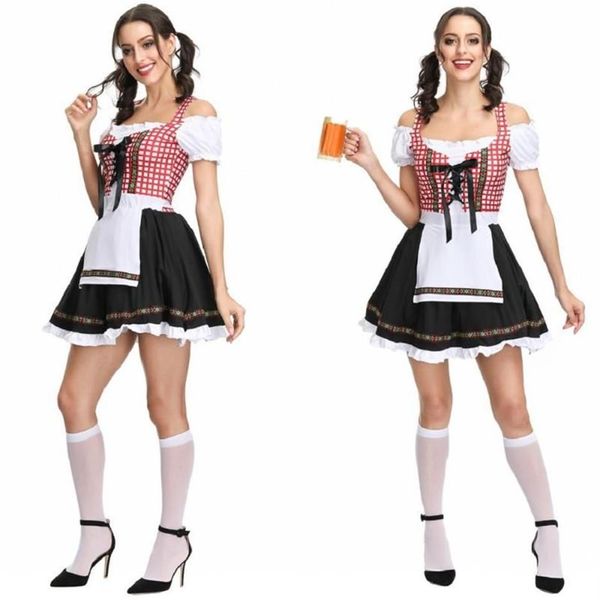 2019 Femmes Dirndl Robe Maid Outfit Serveur Rouge Plaid Vêtements avec Tablier Allemand Oktoberfest Bière Bavaroise Carnaval Fantaisie Costume272d