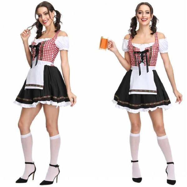 2019 Femmes Dirndl Robe Maid Outfit Serveur Rouge Plaid Vêtements avec Tablier Allemand Oktoberfest Bière Bavaroise Carnaval Fantaisie Costume291h