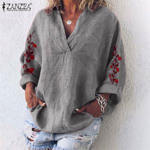 2019 blusa bordada floral de las mujeres otoño camisas de algodón de la vendimia ocasional con cuello en V manga larga suelta túnica Tops Femme Blusas T200321