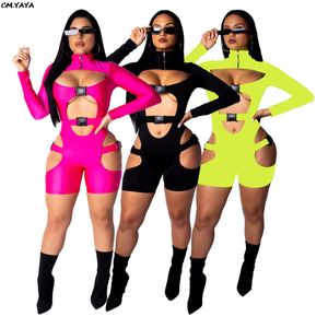 2019 Vrouwen Nieuwe Cut Out Sexy Rits Up Skinny Gesp Splicing Korte Jumpsuit Sporting Beach Active Wear Playsuit Romper JH080