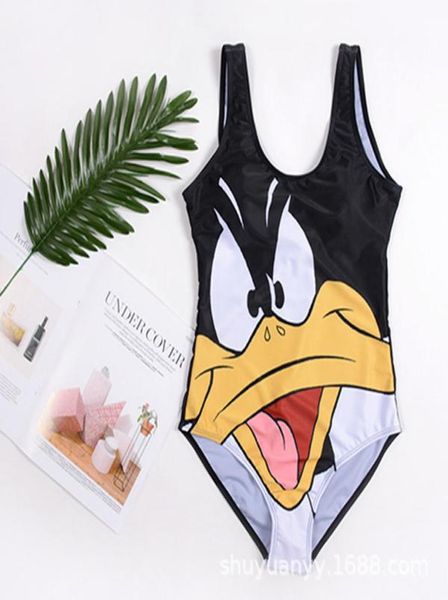 2019 Traje de baño de una pieza para mujer, Bikini con estampado de pato de dibujos animados, Tankini de playa de una pieza, traje de baño lindo para niñas, traje de baño de verano negro SXL2590762