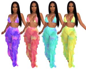 Vrouwen Tie Dye Badmode Twee stuk Outfits Roze Galaxy Print Mesh Bikini Set Hoewel Halter Bra Top Ruffles Splicing Pants Pak