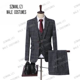 2019 wol grijs visgraat retro gentleman stijl op maat gemaakte tweed plaid mannen bruidegom bruiloft pakken blazer pakken voor mannen 3 stuks