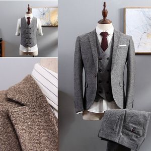 2019 Wool Slim Fit Bruidegom Tuxedos Wedding Past Herringbone Tweed Groomsmen Bestman Prom Suits (Jas + Broek + Vest) Real Image Plus Size
