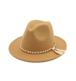2019 Hat de fieltro de lana Panamá Jazz Fedoras Sombreros Tassel Pearl Vintage Cap Fiest Faily y Stage Top Hat for Women Men Unisex214n4627370