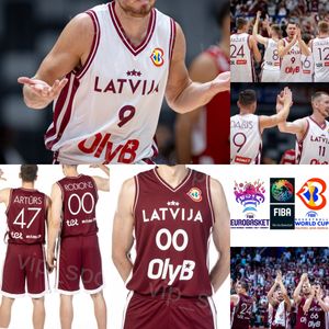 Bedrukt Letland Basketbal 24 Andrejs Grazulis Jerseys WK 2023 00 Rodions Kurucs 8 Davis Bertans 55 Arturs Zagars 66 Kristers Zoriks 11 Rolands Smits Rood Wit