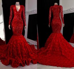 2023 Burgundy Lace Sequin Mermaid Galajurken Zwart Meisjes V-hals Lange Mouwen Sweep Train Formele Avondjurken Real Image BC15403 GJ0315