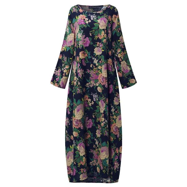 2019 Zanzea Mujeres Estilo chino Otoño Longarm Vintage Estampado floral Fiesta de algodón Vestido largo maxi Baggy Kaftan Vestido L -5xl Y19071101