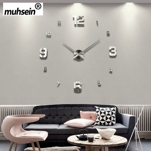2019muhsein Full Black Horloge Murale Design Moderne Décoration de La Maison Grand Miroir 3D DIY Grandes Horloges Murales Décoratives Montre Cadeau Unique Y200109