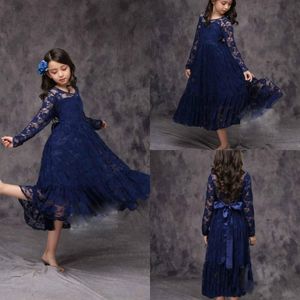 2019Navy blauwe lange mouw korte bloem meisje jurken dochter kant verjaardag peuter kinderen pageant eerste communie jurk lange baby prom dresses