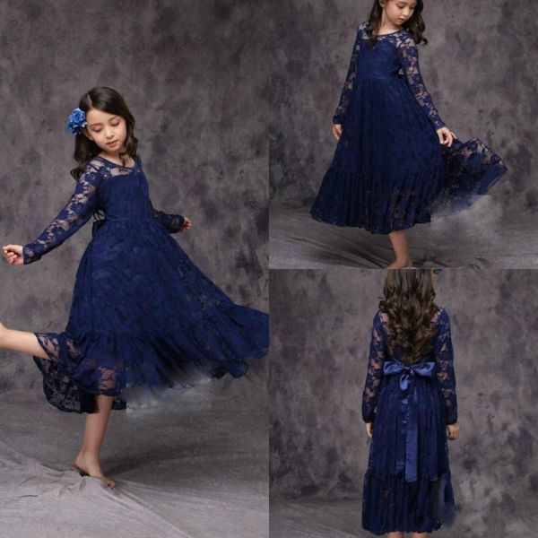 2019 Azul marino Manga larga Vestidos cortos para niñas de flores Hija Encaje Cumpleaños Niños pequeños Desfile Vestido de primera comunión Vestidos largos para bebés