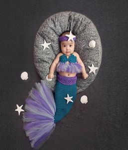 2019new Bébé Fille Tricoté Costumes De Sirène Tutu Maille Dentelle Queue De Sirène Vêtements Nouveau-Né Bebe Pographie Props Étoile De Mer BandeauMX2768390