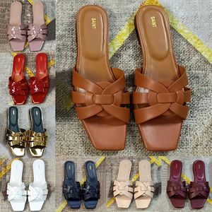 SL pantoffel Eerbetoon Plat Leer verstrengelde bandjes Slide Sandalen designer schoenen Zwart wit Lakleer Grijs Ivoor rood Croc Embossed champagne Nappa YS dames pantoffels