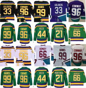 The Mighty Vintage Hockey 96 Charlie Conway Jersey 99 Adam Banks 21 Dean Portman 44 Fulton Reed 33 Greg Goldberg 66 Gordon Bombay Movie Groen Paars Zwart Wit 1993 Mannen