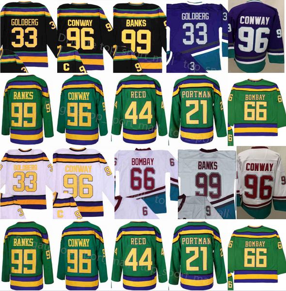 Le Mighty Vintage Hockey 96 Maillot Charlie Conway 99 Adam Banks 21 Dean Portman 44 Fulton Reed 33 Greg Goldberg 66 Gordon Bombay Film Vert Violet Noir Blanc 1993 Hommes