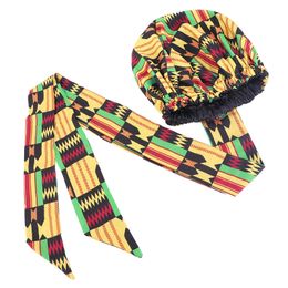 2020 20 stks / set Groothandel Afrikaanse print Satin Bonnet met lange lint Wrap Dubbellaag Ankara Patroon Vrouwen Haaroverdekking