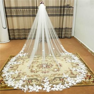 2020 3 mètres cathédrale mariage voiles dentelle bord robe de mariée blanc ivoire doux Tulle blanc ivoire une couche avec peigne