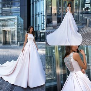 2020 A-lijn bruids jurken juweel mouwloze pailletten kralen kristal hof trein trouwjurk op maat gemaakte vestidos de novia