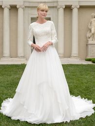 2020 A-LINE Kant Organza Bescheiden Trouwjurken met lange mouwen V-hals Kant Applicaties Knop Terug Bescheiden Bruidsjurken Couture Custom Made