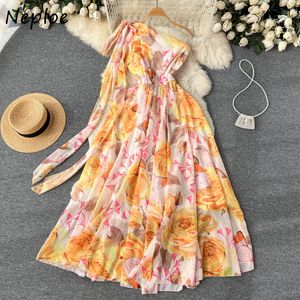 Open Back Jarretel Chiffon Bedrukte Jurk Vrouwelijke Bohemian Seaside Vakantie Stijl Gewaden Geplooide Fairy Eerste Liefde Vestidos 2023