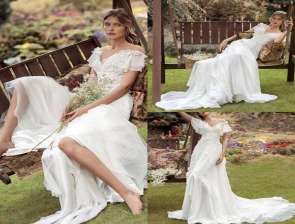 2020 Une ligne Papilio Beach Robes de mariée hors épaule dentelle appliqué balayage train Boho robe de mariée simple robes de mariée Robes de 8621200