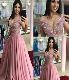 2020 una línea de línea rosa Vestido formal Vestidos de Fiesta Formal Long Prom Party Dresses Appliques V Cuel las mangas cortas9526808