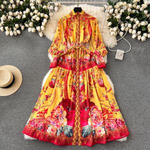 Casual jurken vintage jurken lente vakantie bloemenprint linnen gewaad lange mouw standaard a-line riem strand feestjurk dames met borsten maxi kleding 2024