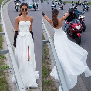 2020 A-ligne côté haute fente robe de mariée dos nu perle balayage train robe de mariée sans manches chérie robes de mariée sur mesure