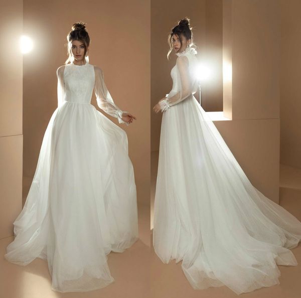 2020 A-ligne robes de mariée col haut manches longues dentelle point illusion robe de mariée sur mesure balayage train tulle froncé robes de mariée