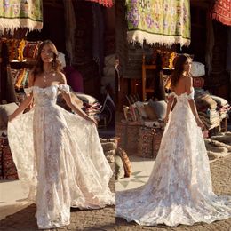 2020 une ligne robes de mariée hors épaule à manches courtes pleine Appliqued dentelle Boho robe de mariée sur mesure balayage train Vestidos De Novia