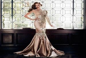 2020 Abaya in Dubai One Shoulder Rhinestone Formele jurken Moslim Long Sleeve Gold Prom Jurken Luxe Zuhair Murad Crystal Evening 9925214