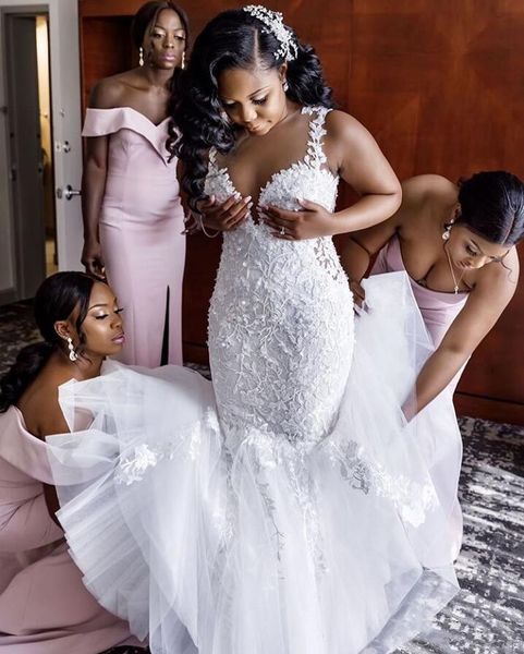 2020 robe de mariée sirène en dentelle florale africaine grande taille Appliques bretelles spaghetti sans manches robes de mariée