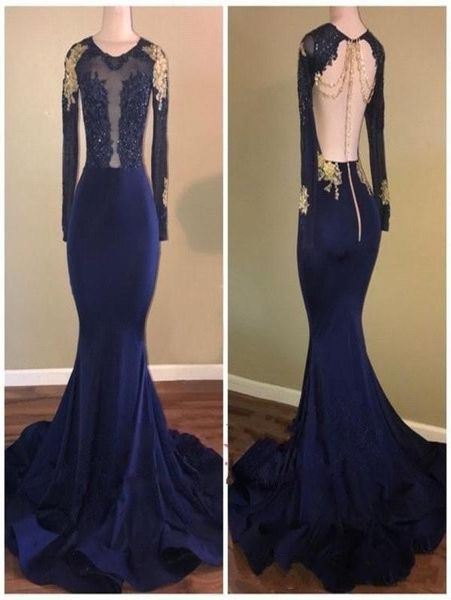 2020 Africain Navy Blue Mermaid Robes Prom Sheer Jewel Neck Sans Backless Long Long Lage en dentelle en or perle Voir le soir G3126493